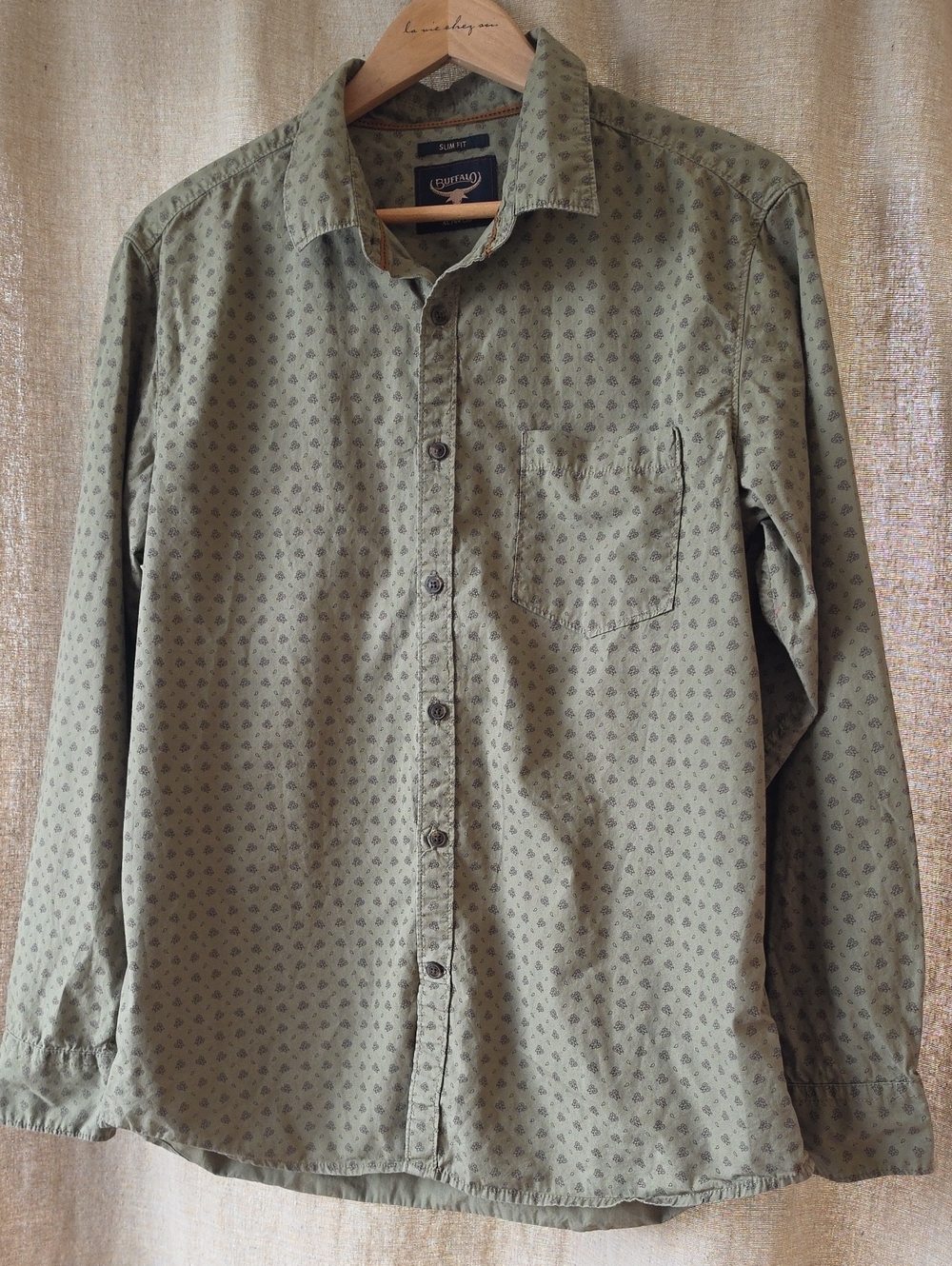 Buffalo Men's Olive Printed Button-Down Shirt Slim Fit Xl 44cm
